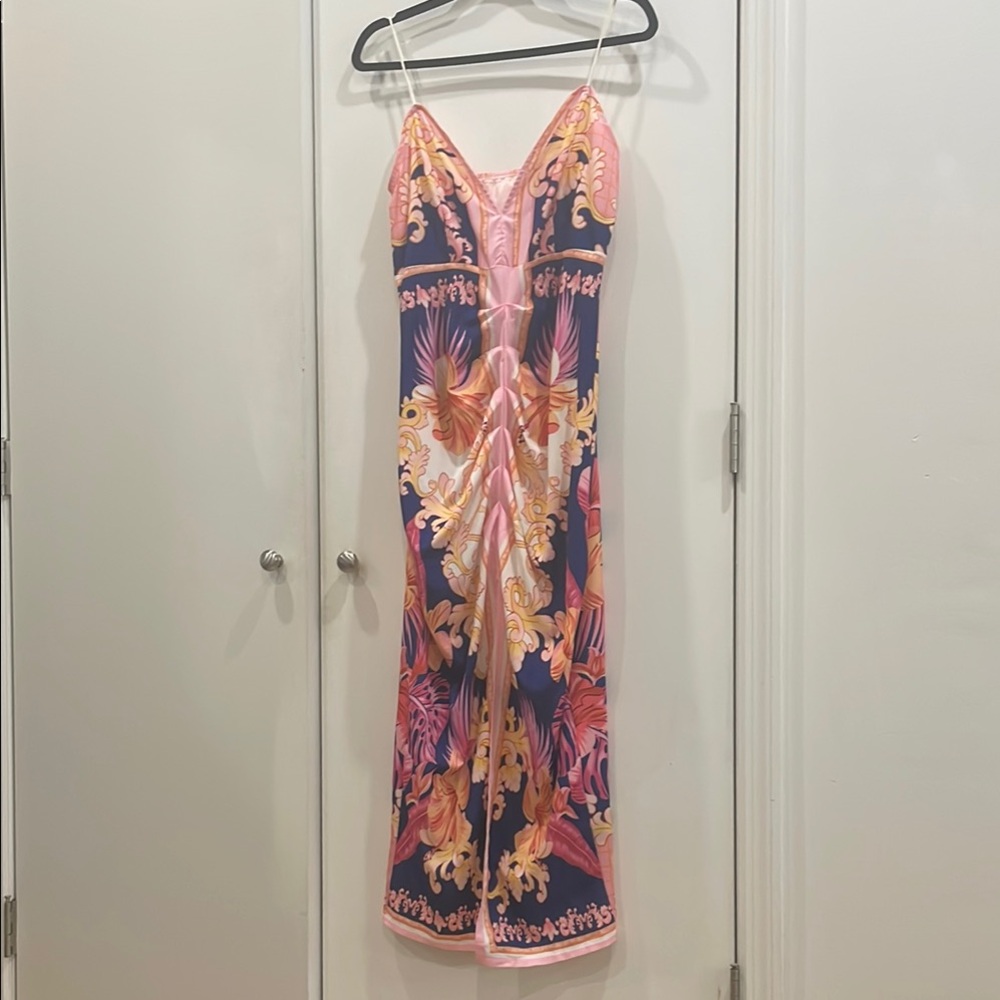 Tropical Midi Dress with Pink and Blue floral Design